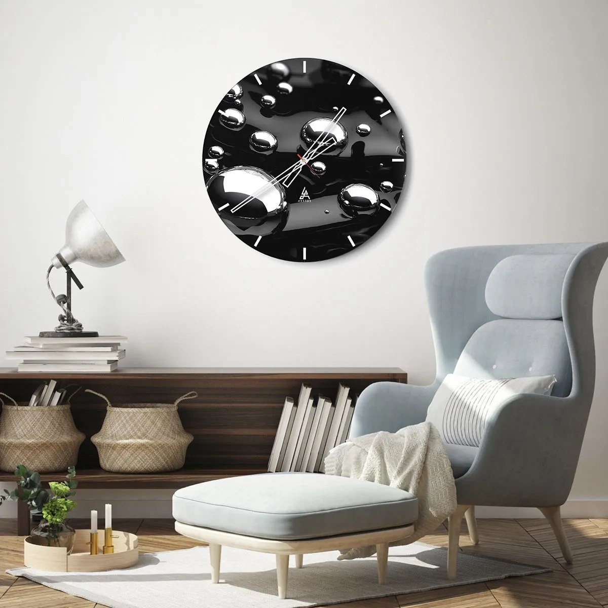 Relógio de parede - Relógio em vidro - Fundo preto com gotas de água brilhantes - 30x30cm - Das profundezas negras - Decoração de parede moderna para a sala de estar, cozinha e quarto ARTTOR