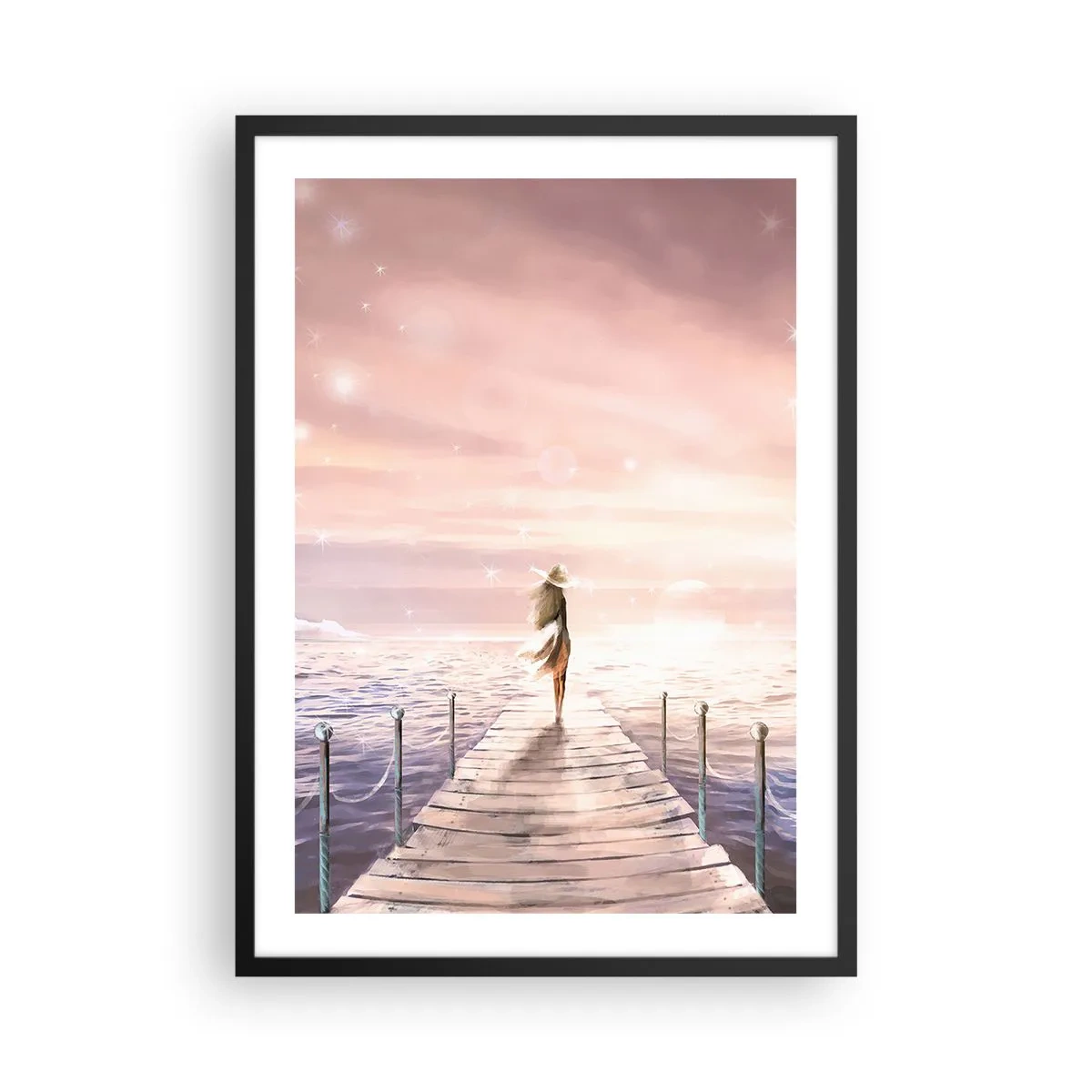 Pôster com moldura preta - Pôr do sol romântico com uma mulher de chapéu - 50x70cm - À luz de um sonho - Decoração de parede moderna para a sala de estar e quarto ARTTOR