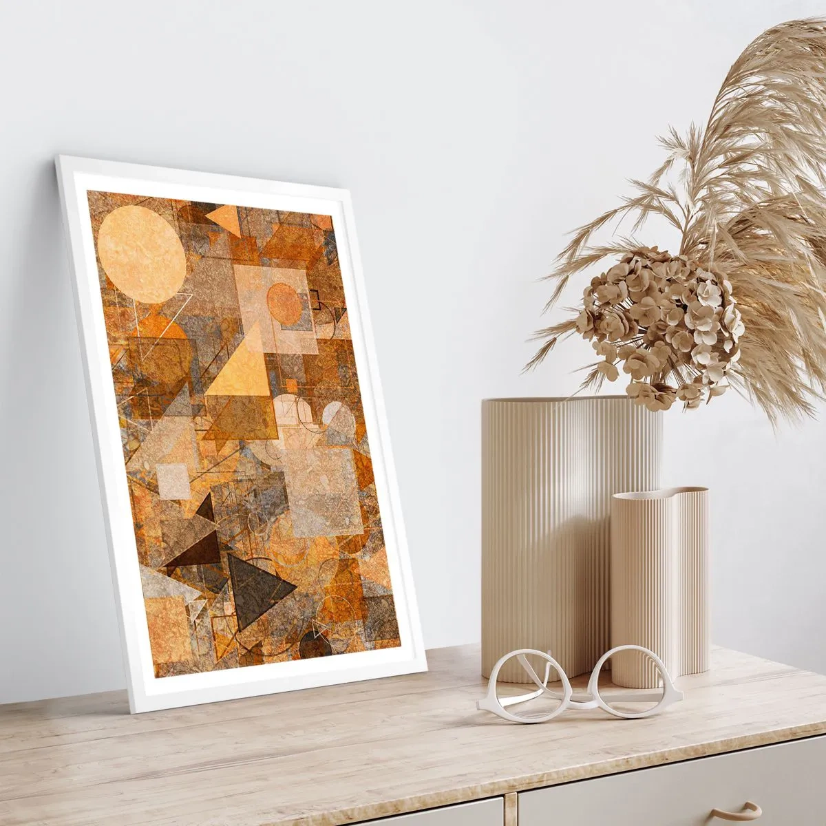 Pôster em moldura branca - Estudo Cubista em Bronze - 50x70 cm