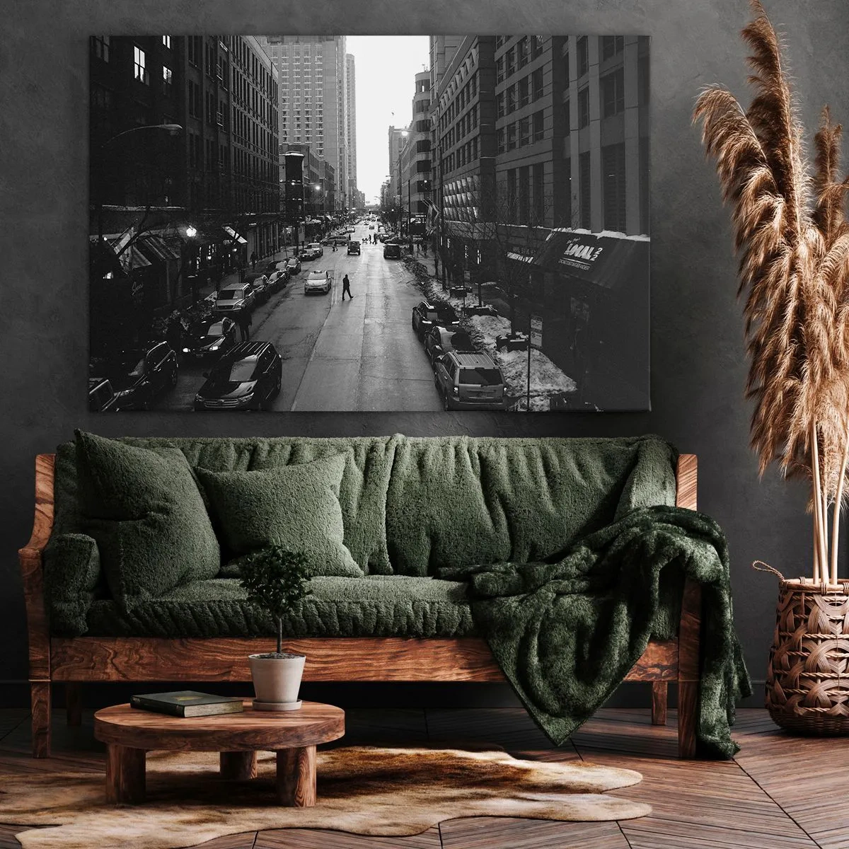 Quadro em tela - Uma rua preta e branca no meio da cidade com carros e pedestres - 70x50cm - Outro dia como todos os dias - Decoração de parede moderna para a sala de estar e quarto ARTTOR