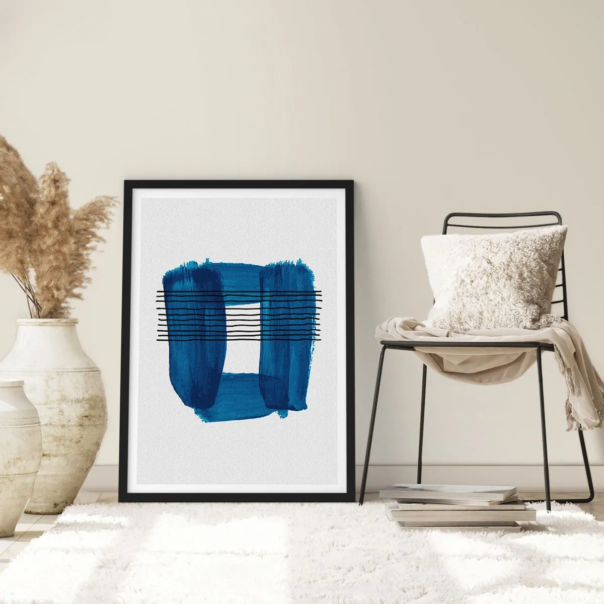 Pôster com moldura preta - Composição abstrata em tons de azul - 50x70cm - Composição azul-negra - Decoração de parede moderna para a sala de estar e quarto ARTTOR
