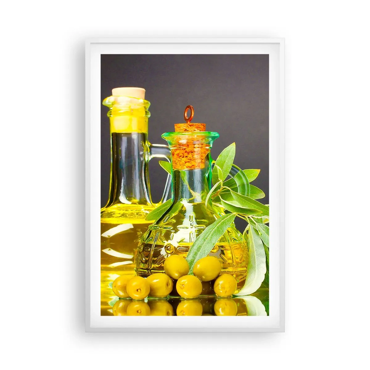 Pôster em moldura branca - Natureza morta com azeitonas e azeite - 61x91 cm