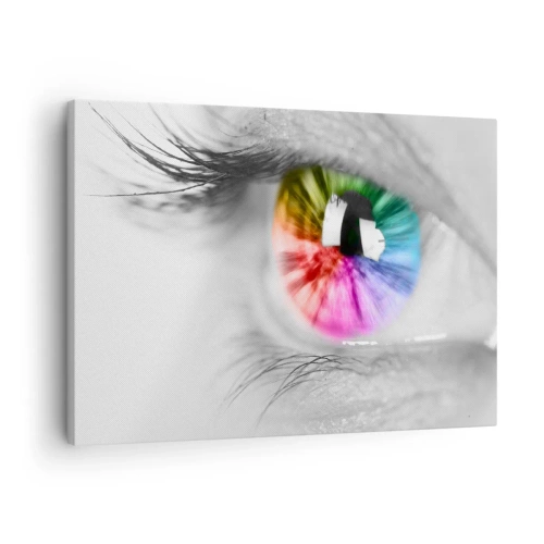 Quadro em tela - Foto artística de um olho com uma íris de arco-íris em um fundo cinza - 70x50cm - Olhar para o mundo a cores - Decoração de parede moderna para a sala de estar e quarto ARTTOR