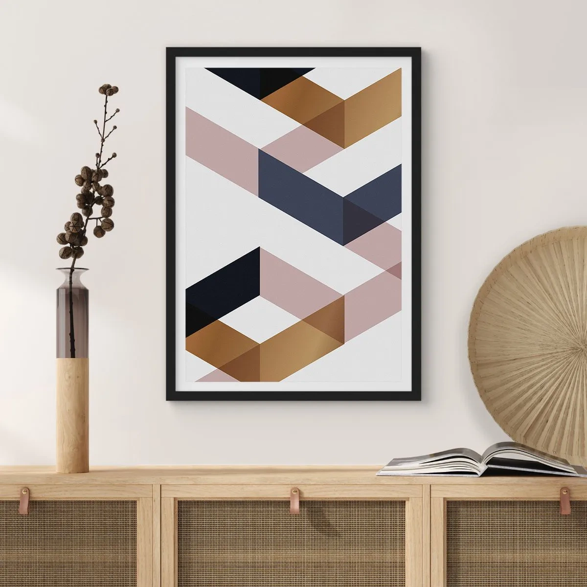 Pôster com moldura preta - Formas geométricas em tons de dourado, preto e bege - 50x70cm - Planos e ângulos - Decoração de parede moderna para a sala de estar e quarto ARTTOR