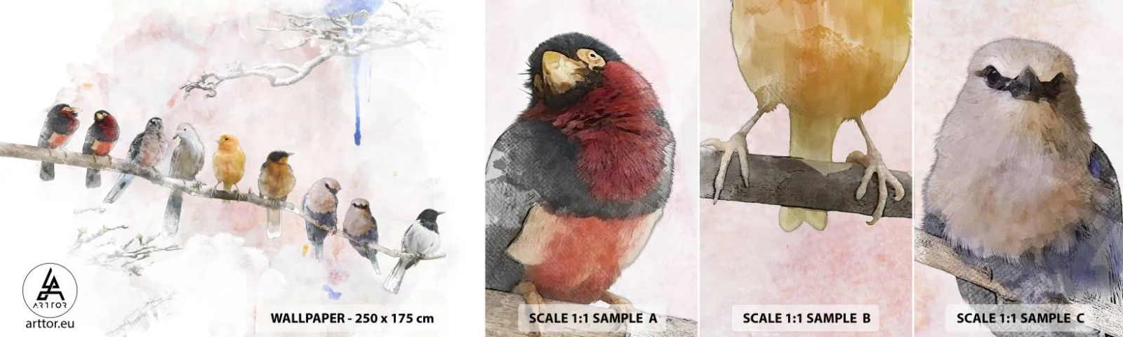 Amostra de Papel de Parede Standard Eco - Reunião alada - Pássaros, Natureza, Gráficos - 100x30 cm