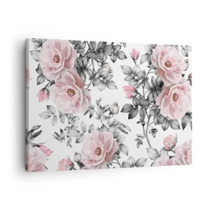 Quadro em tela - Rosas e folhas cor de rosa em um delicado fundo preto e branco - 70x50cm - Perder-se nas rosas - Decoração de parede moderna para a sala de estar e quarto ARTTOR