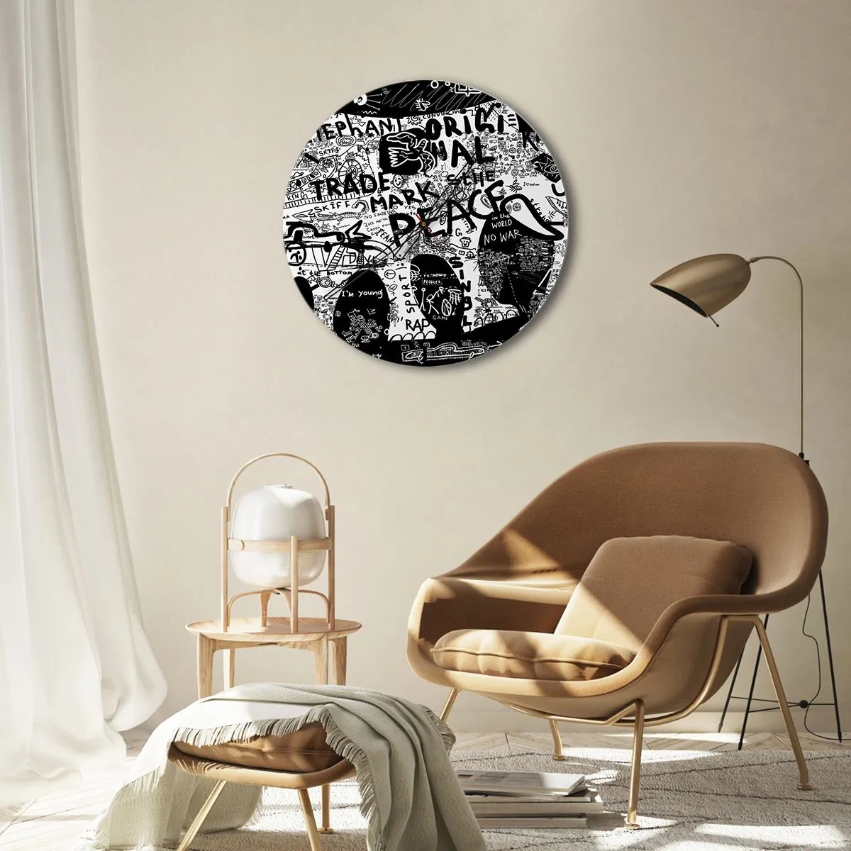 Relógio de parede - Relógio em vidro - Motivo de grafite artístico em preto e branco - 30x30cm - O rico mundo das ruas - Decoração de parede moderna para a sala de estar, cozinha e quarto ARTTOR