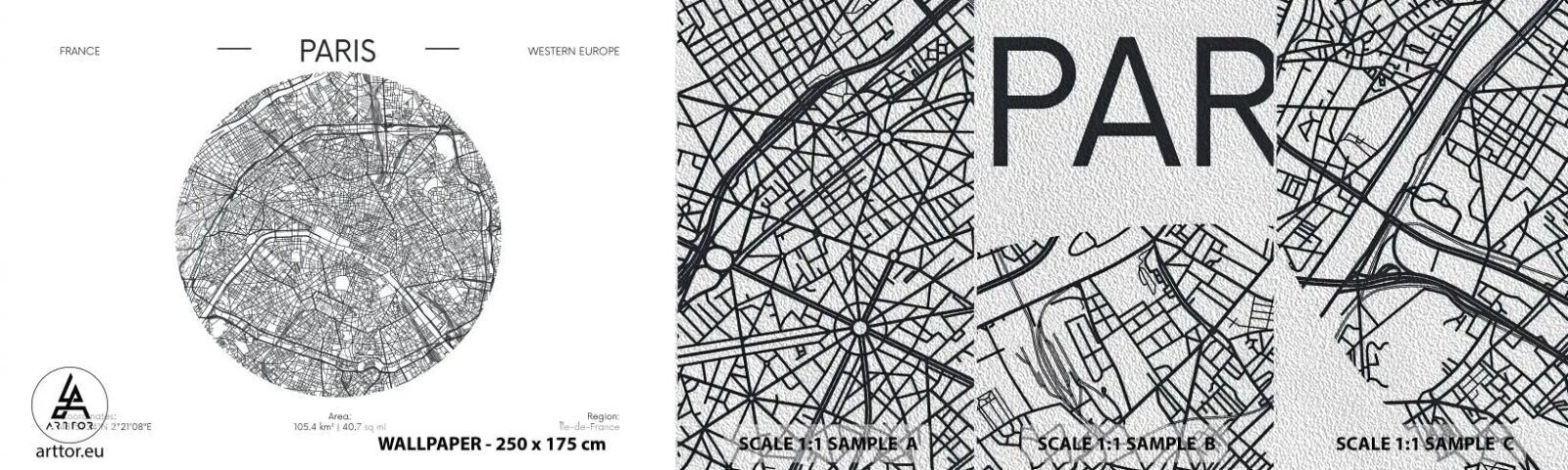 Amostra de papel de parede Premium Sand - Anatomia de Paris - Mapa, Paris, França - 100x30 cm