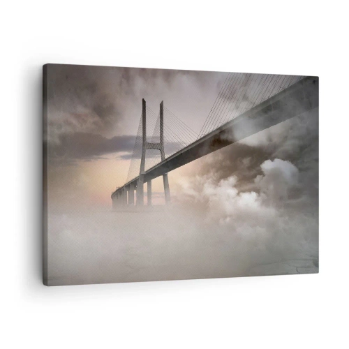 Quadro em tela - Uma ponte sobre um rio cercada por neblina pela manhã - 70x50cm - No rio que não existe - Decoração de parede moderna para a sala de estar e quarto ARTTOR