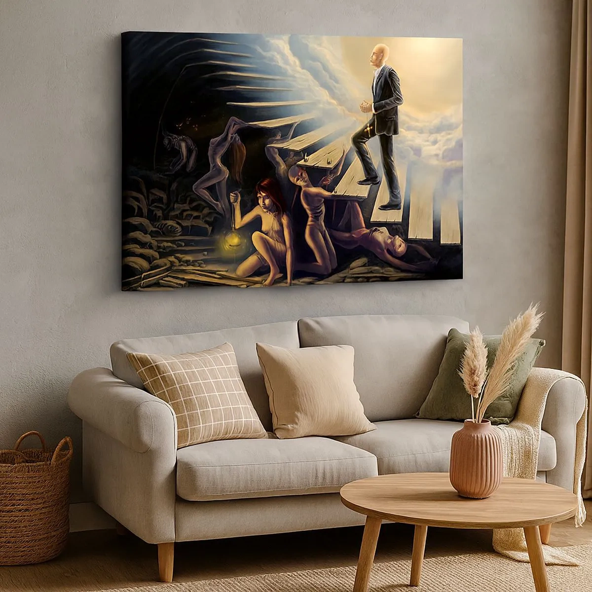 Quadro em tela - Uma cena simbólica do caminho para a luz através de uma escada em ruínas - 70x50cm - A viagem de Dante à luz - Decoração de parede moderna para a sala de estar e quarto ARTTOR