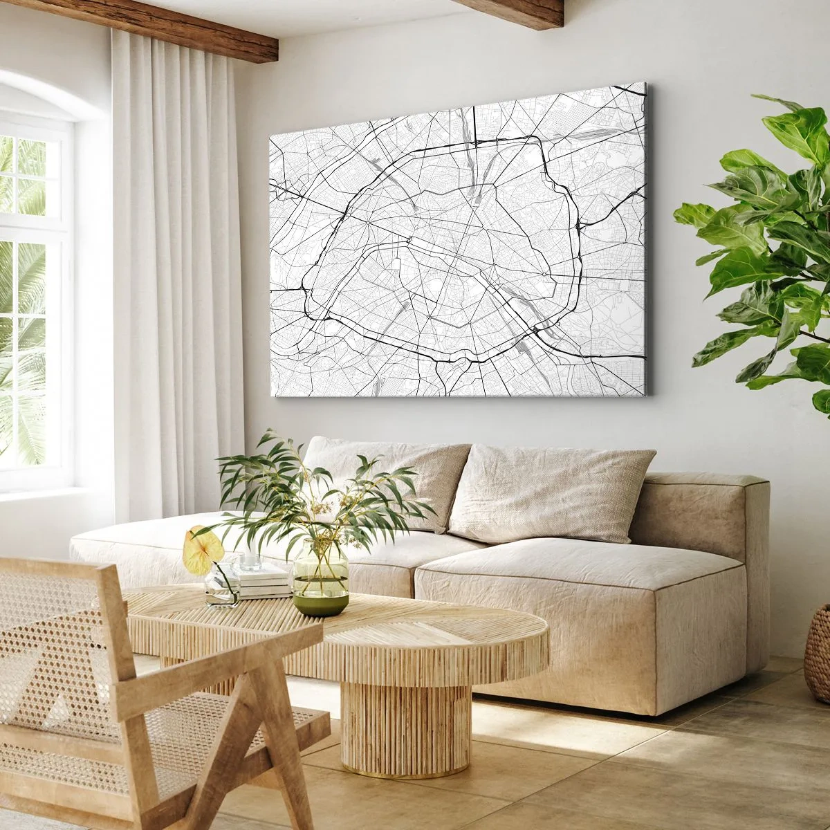 Quadro em tela - Mapa minimalista da cidade em preto e branco - 70x50cm - Flor de Paris - Decoração de parede moderna para a sala de estar e quarto ARTTOR