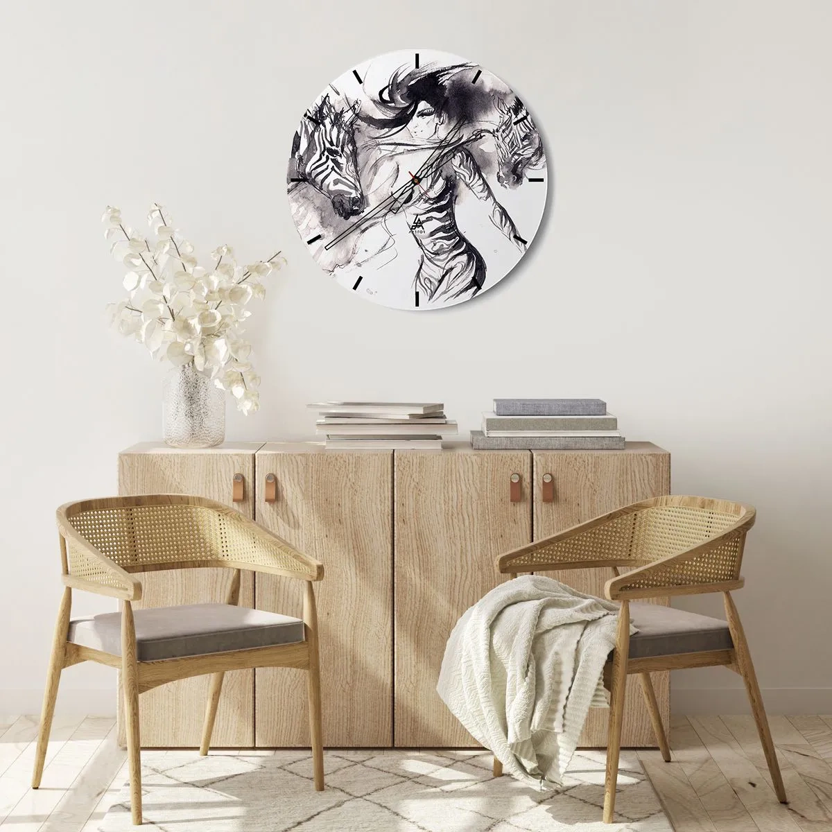 Relógio de parede - Relógio em vidro - Uma mulher em forma artística dançando com duas pessoas reunidas - 30x30cm - Dançando com as zebras - Decoração de parede moderna para a sala de estar, cozinha e quarto ARTTOR