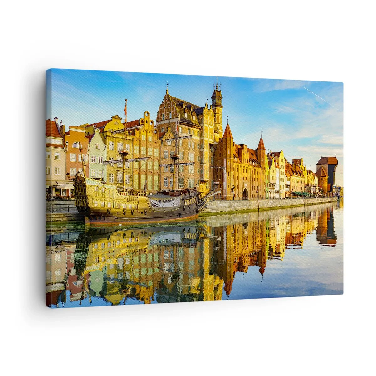 Quadro em tela - Uma vista pitoresca da cidade velha com um veleiro e água - 70x50cm - Imagem espelhada do passado - Decoração de parede moderna para a sala de estar e quarto ARTTOR