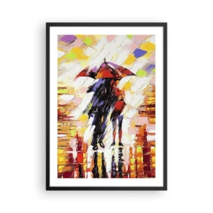 Pôster com moldura preta - Um casal sob um guarda-chuva em uma abstração colorida - 50x70cm - Juntos durante a noite e a chuva - Decoração de parede moderna para a sala de estar e quarto ARTTOR