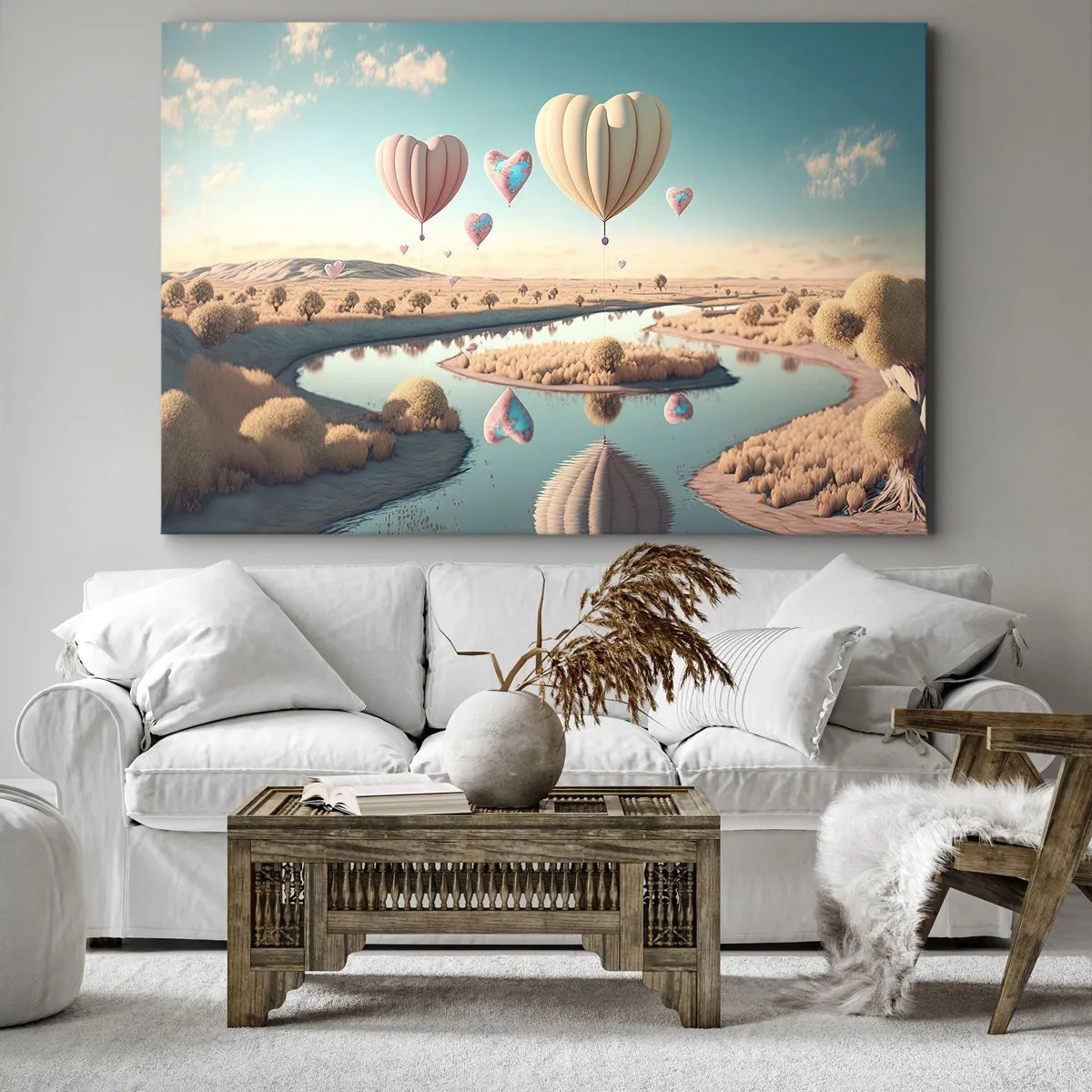Quadro em tela - Balões em forma de coração flutuando sobre a paisagem - 70x50cm - O amor permite se reerguer - Decoração de parede moderna para a sala de estar e quarto ARTTOR