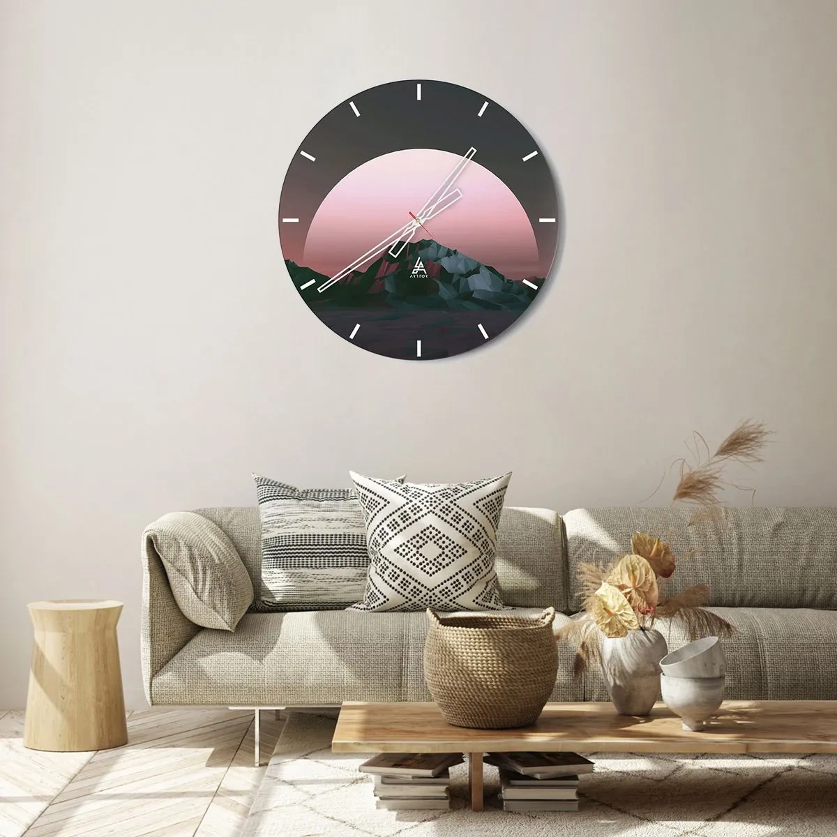 Relógio de parede - Relógio em vidro - Uma paisagem montanhosa com um pôr do sol rosa ao fundo - 30x30cm - Numa galáxia vizinha - Decoração de parede moderna para a sala de estar, cozinha e quarto ARTTOR