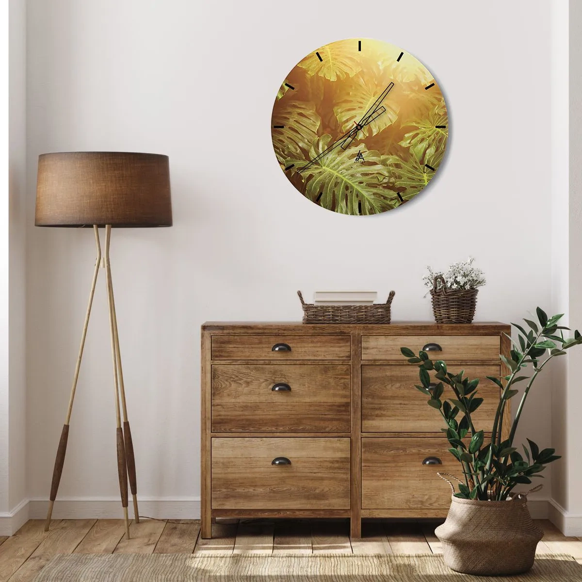 Relógio de parede - Relógio em vidro - Folhas de Monstera à luz do pôr do sol - 30x30cm - Um mergulho na vegetação - Decoração de parede moderna para a sala de estar, cozinha e quarto ARTTOR