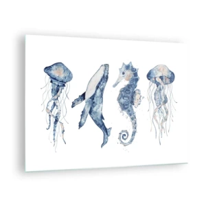 Quadro em vidro - Criaturas marinhas em um delicado estilo aquarela - 70x50cm - Maravilhas do mar - Decoração de parede moderna para a sala de estar e quarto ARTTOR