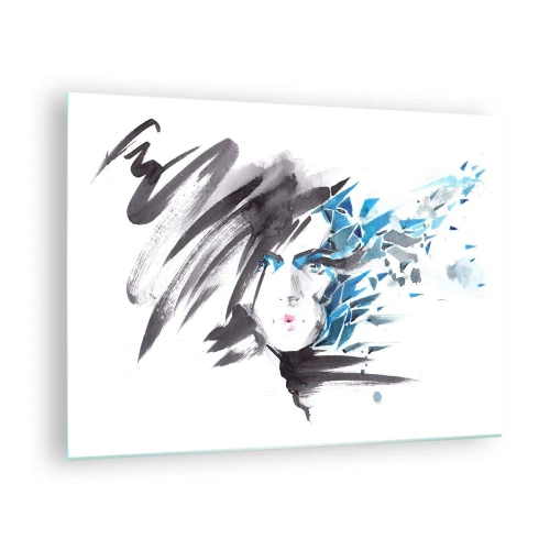 Quadro em vidro - Retrato de uma mulher com detalhes abstratos em azul - 70x50cm - Retrato sensual em cinza e azul - Decoração de parede moderna para a sala de estar e quarto ARTTOR