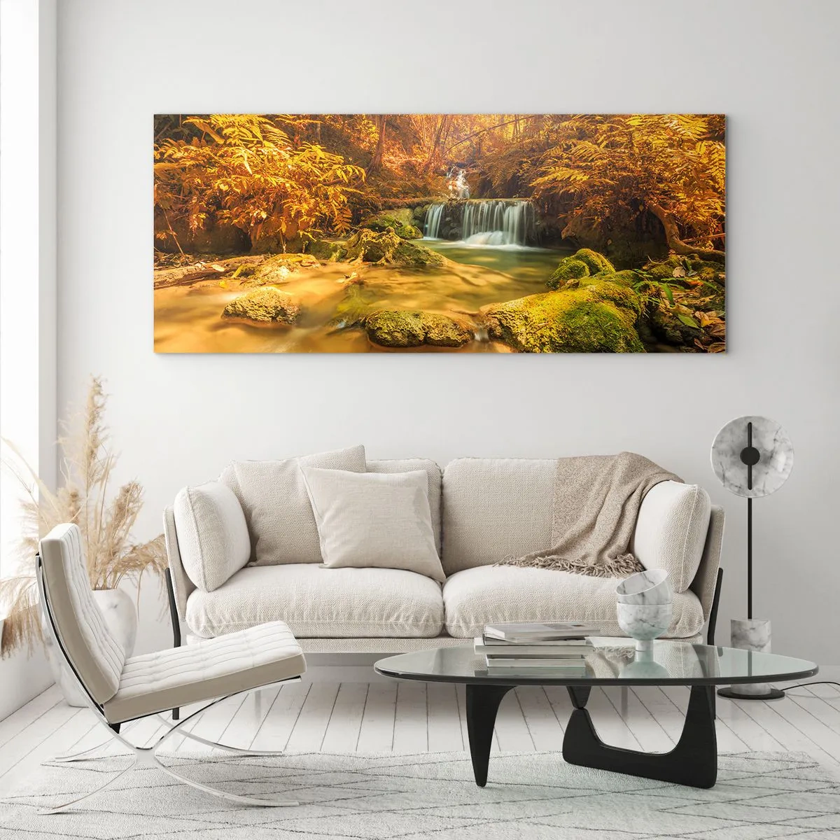 Quadro em vidro - Cascata na floresta em ouro - 90x30 cm