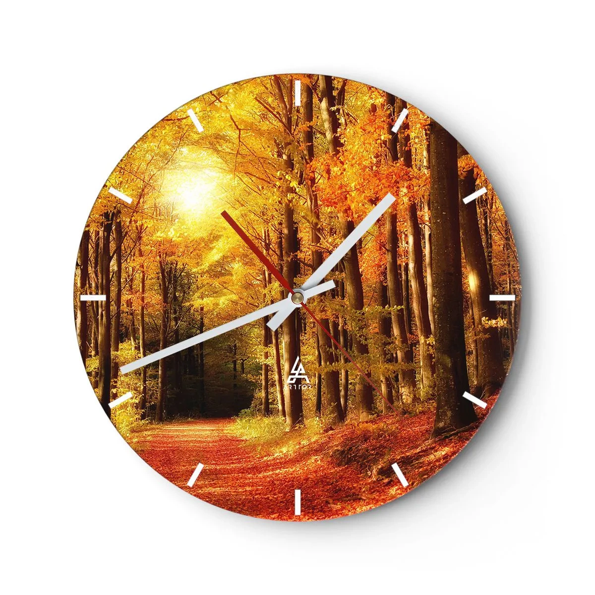 Relógio de parede - Relógio em vidro - Outono dourado na estrada da floresta - 40x40 cm