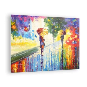 Quadro em vidro - Um passeio colorido na chuva com um guarda-chuva impressionista - 70x50cm - E tudo está claro - Decoração de parede moderna para a sala de estar e quarto ARTTOR