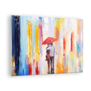 Quadro em vidro - Um casal segurando um guarda-chuva vermelho na chuva em uma rua colorida. - 70x50cm - Que continue a chover - Decoração de parede moderna para a sala de estar e quarto ARTTOR