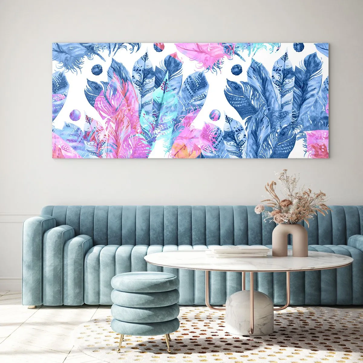 Quadro em vidro - Plumas em rosa e azul - 140x50 cm
