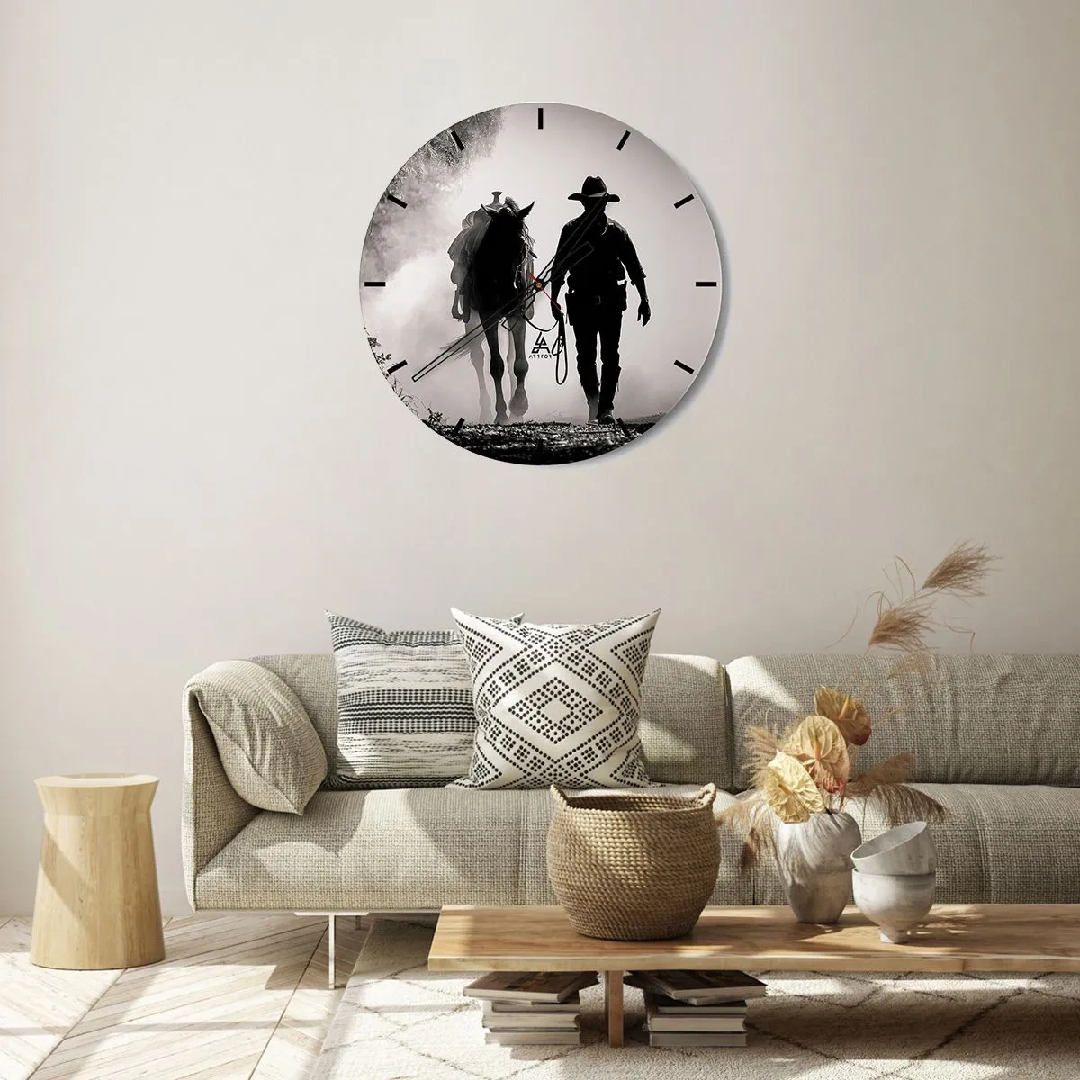 Relógio de parede - Relógio em vidro - Um cowboy conduzindo seu cavalo na neblina da manhã - 30x30cm - Manhã no Texas - Decoração de parede moderna para a sala de estar, cozinha e quarto ARTTOR