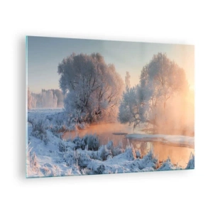 Quadro em vidro - Paisagem de inverno com um lago congelado e neblina matinal - 70x50cm - Tudo brilha como cristal ao sol - Decoração de parede moderna para a sala de estar e quarto ARTTOR