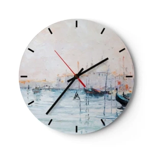 Relógio de parede - Relógio em vidro - Uma pintura impressionista de um porto com barcos em águas calmas. - 30x30cm - Além da água, atrás do nevoeiro - Decoração de parede moderna para a sala de estar, cozinha e quarto ARTTOR