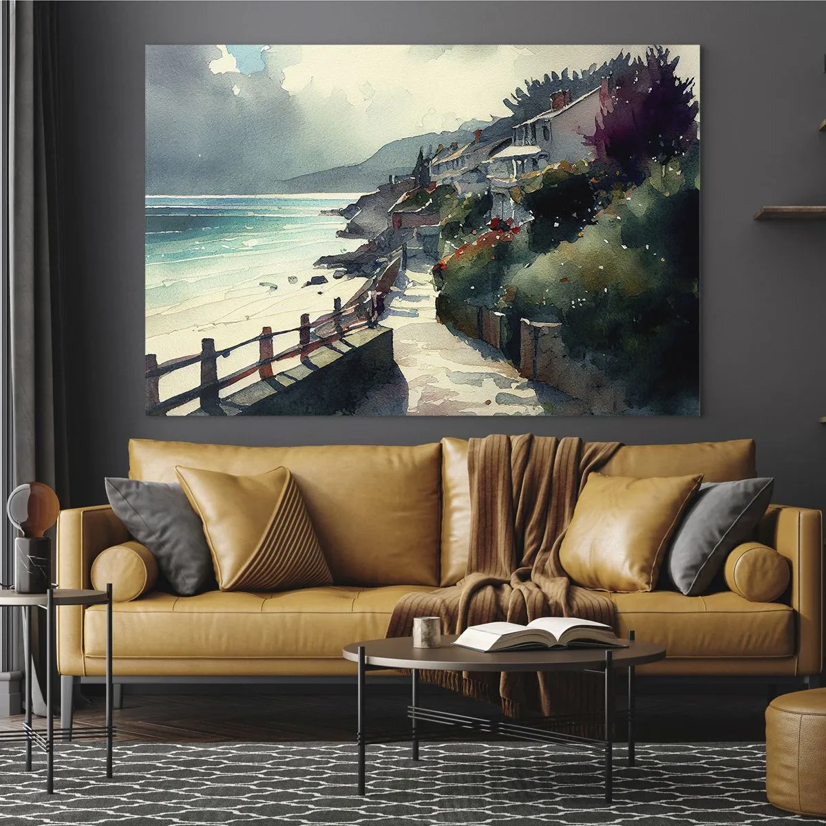 Quadro em vidro - Um passeio marítimo com casas coloridas e água - 70x50cm - Cidade mediterrânea - Decoração de parede moderna para a sala de estar e quarto ARTTOR