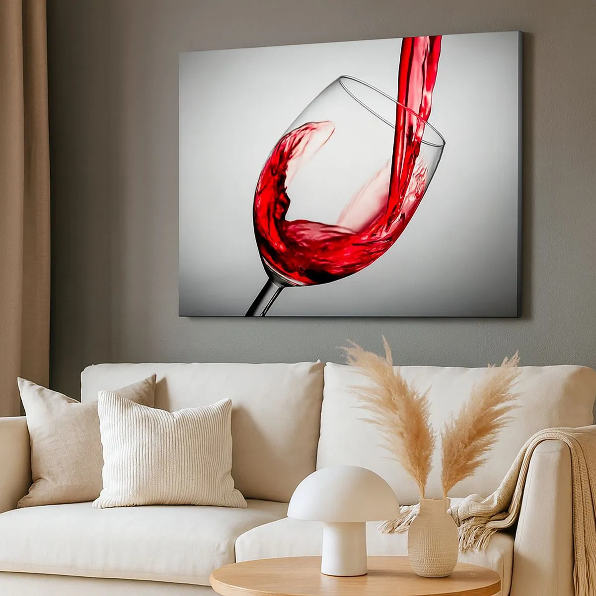 Quadro em tela - Uma taça de vinho tinto sendo servida sobre um fundo claro - 70x50cm - Cor - movimento - som - Decoração de parede moderna para a sala de estar e quarto ARTTOR