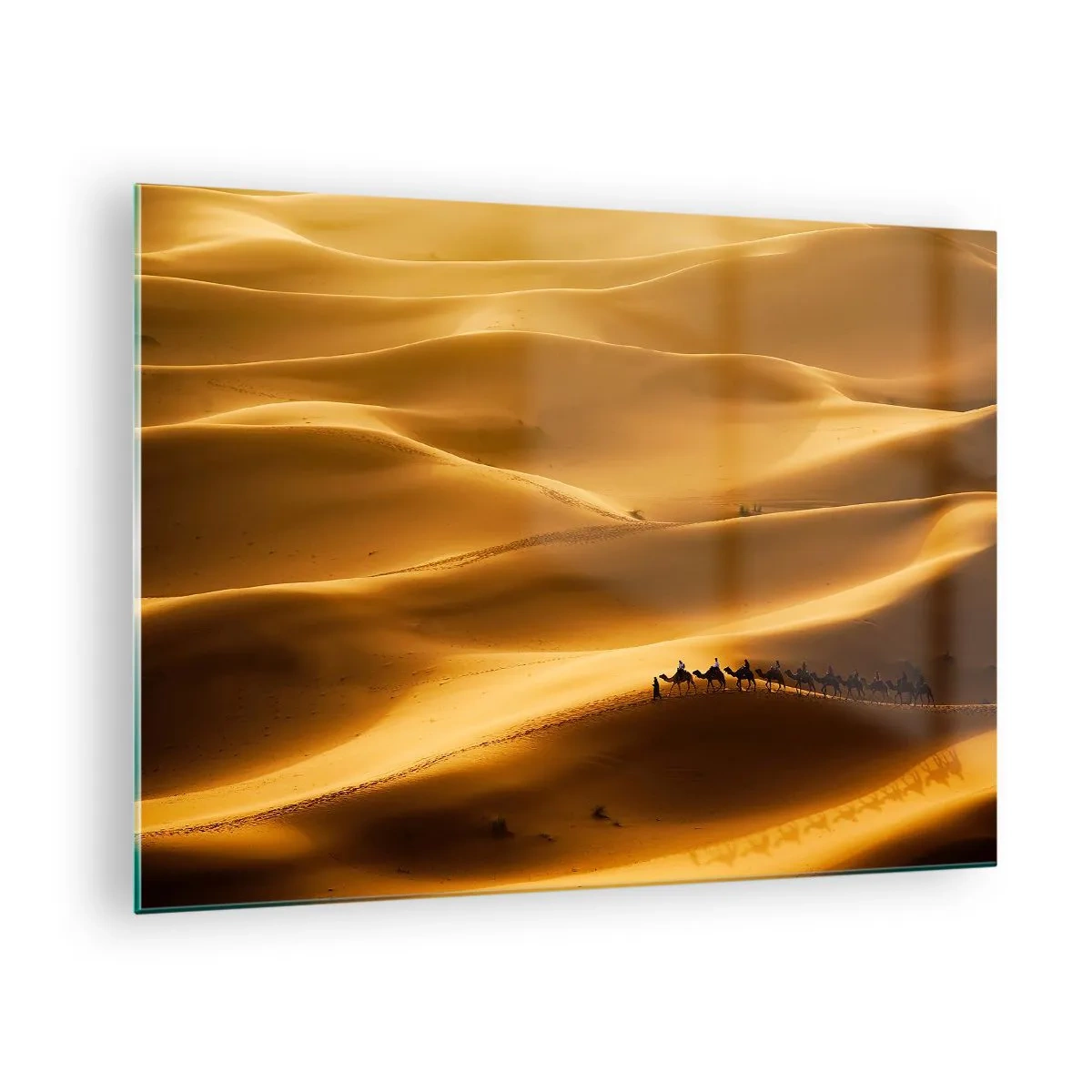 Quadro em vidro - Uma caravana no deserto sob o sol - 70x50cm - Caravana nas ondas do deserto - Decoração de parede moderna para a sala de estar e quarto ARTTOR