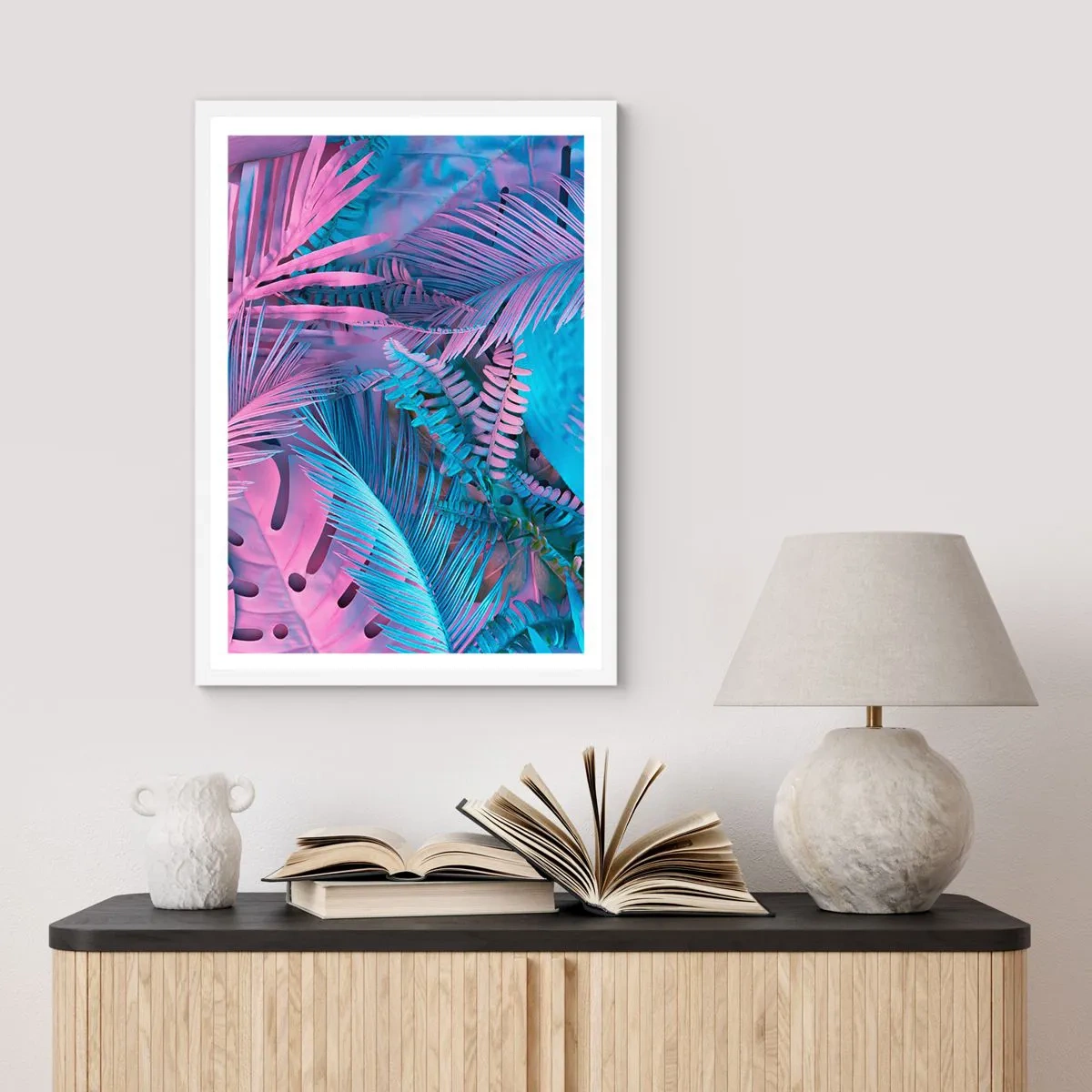 Pôster em moldura branca - Trópicos em rosa e azul - 30x40 cm