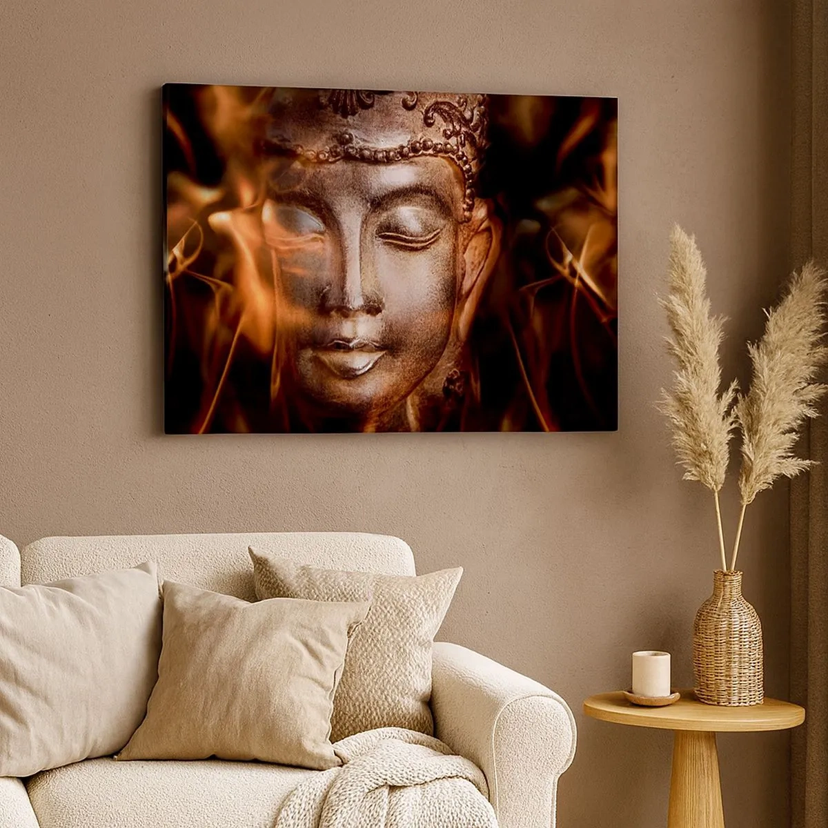 Quadro em tela - Uma estátua de Buda em meio a chamas de tons dourados - 70x50cm - Só existe o aqui e agora - Decoração de parede moderna para a sala de estar e quarto ARTTOR