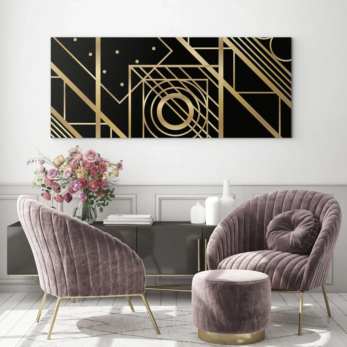 Quadro em vidro - Geometria dourada - 140x50 cm