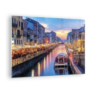 Quadro em vidro - Vista noturna do canal iluminado com barcos e cafés - 70x50cm - Uma noite de luz e diversão - Decoração de parede moderna para a sala de estar e quarto ARTTOR