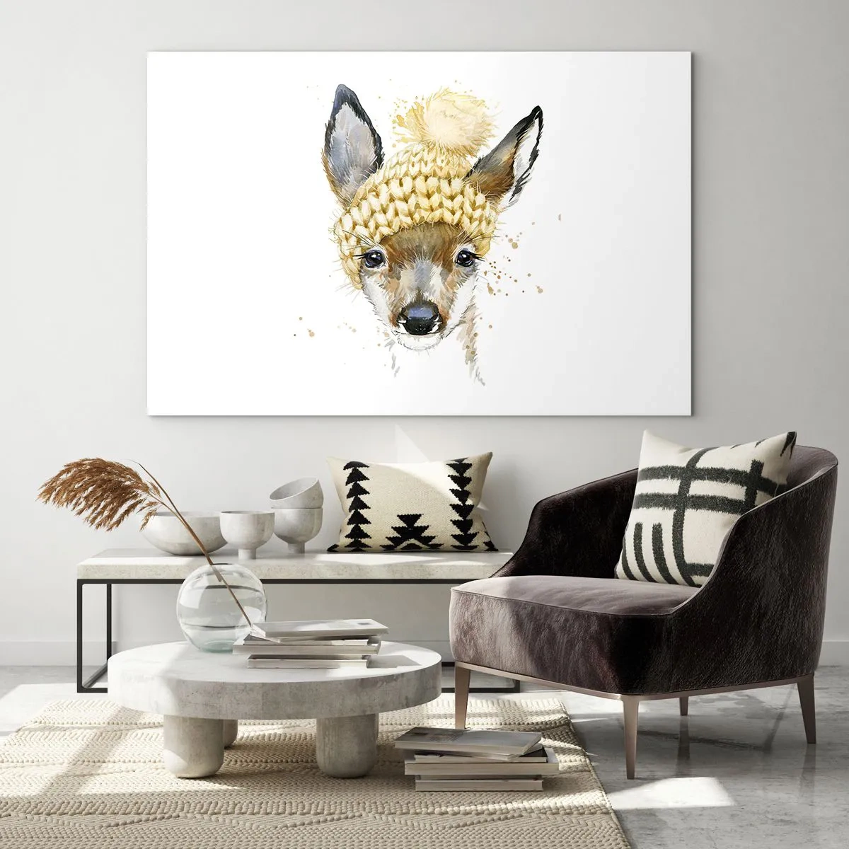 Quadro em vidro - Um veado com um chapéu de lã e um pompom - 70x50cm - Para o inverno na floresta - Decoração de parede moderna para a sala de estar e quarto ARTTOR