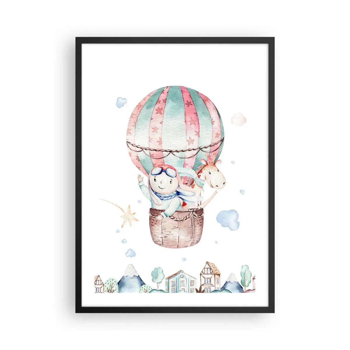 Pôster com moldura preta - Uma ilustração fofa de um ursinho de pelúcia voando em um balão sobre uma cidade - 50x70cm - Nós voltaremos em breve! - Decoração de parede moderna para a sala de estar e quarto ARTTOR