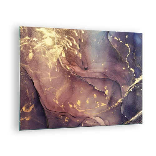 Quadro em vidro - Uma composição abstrata com manchas e estrutura roxas e douradas. - 70x50cm - Matéria e espírito - Decoração de parede moderna para a sala de estar e quarto ARTTOR