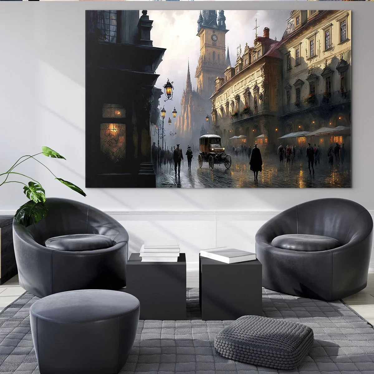 Quadro em vidro - Uma rua histórica iluminada por lanternas ao anoitecer - 70x50cm - O encanto de uma noite em Praga - Decoração de parede moderna para a sala de estar e quarto ARTTOR
