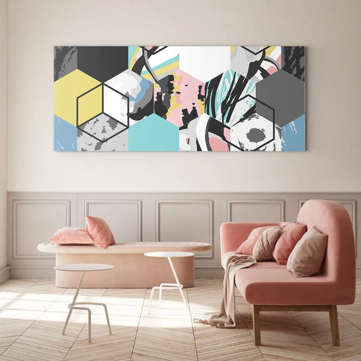 Quadro em vidro - Hexágonos e cubos em seis cores - 160x50 cm