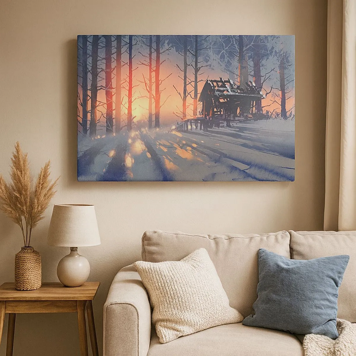 Quadro em tela - Uma casa de campo na floresta em uma paisagem de inverno com os raios do sol poente - 70x50cm - Somente o sol espreita aqui - Decoração de parede moderna para a sala de estar e quarto ARTTOR