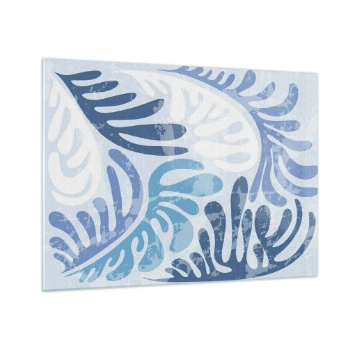 Quadro em vidro - Folhas de samambaia decorativas em tons de azul sobre fundo claro - 70x50cm - Samambaias azuis - Decoração de parede moderna para a sala de estar e quarto ARTTOR