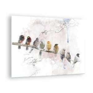 Quadro em vidro - Pássaros coloridos em um galho em estilo pictórico - 70x50cm - Reunião alada - Decoração de parede moderna para a sala de estar e quarto ARTTOR