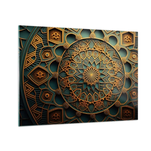 Quadro em vidro - Ornamento de ouro e turquesa no estilo de um mosaico árabe - 70x50cm - Em uma atmosfera árabe - Decoração de parede moderna para a sala de estar e quarto ARTTOR