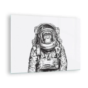 Quadro em vidro - Desenho de um macaco em traje de astronauta em um fundo branco - 70x50cm - Evolução alternativa - Decoração de parede moderna para a sala de estar e quarto ARTTOR