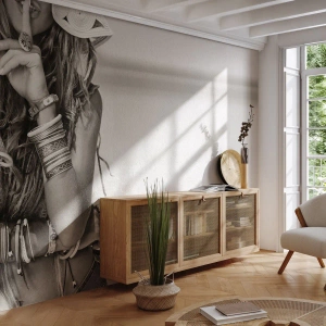 Papel de Parede Standard Eco - Mulher estilosa com joias em tom sépia - 100x70cm - Como uma menina - Decoração de parede moderna para a sala de estar e quarto ARTTOR