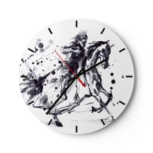 Relógio de parede - Relógio em vidro - Cavaleiro em aquarela preto e branco - 30x30cm - Cavaleiro Negro - Decoração de parede moderna para a sala de estar, cozinha e quarto ARTTOR